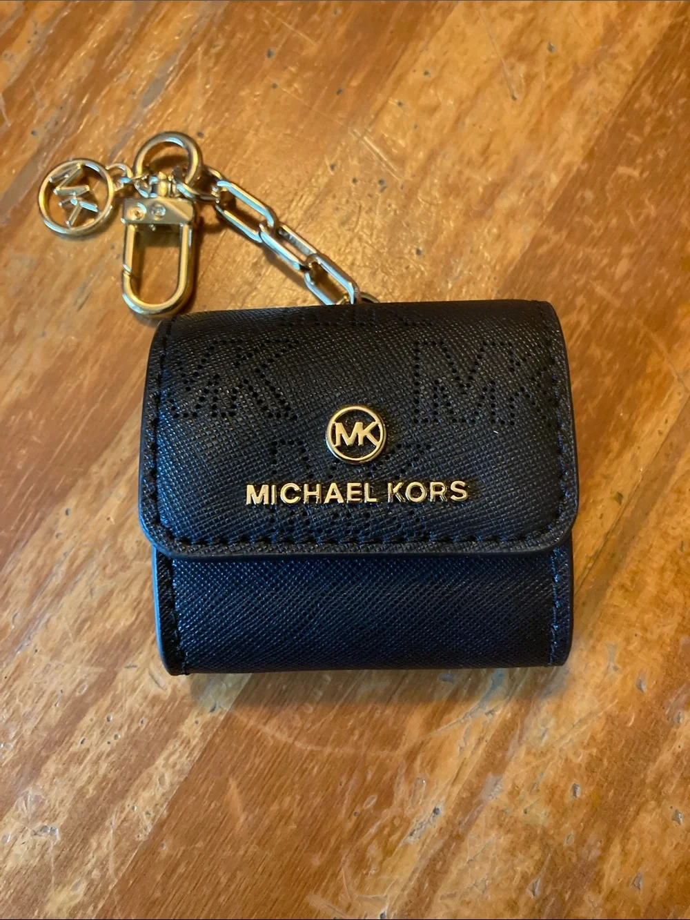 Michael Kors Black Leather Key Ring/Change Purse with Gold Hardware